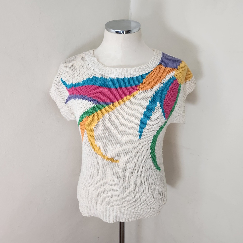 Vintage Style Up International Abstract Knit Sweater Vest Cream Multi Small